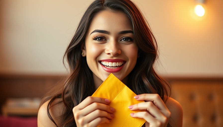 Smiling woman enjoying food, emphasizing dental care.