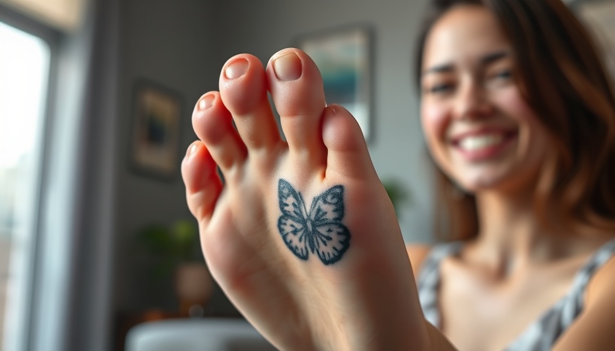 Close-up of foot with tattoo and smiling woman for foot pain relief context.