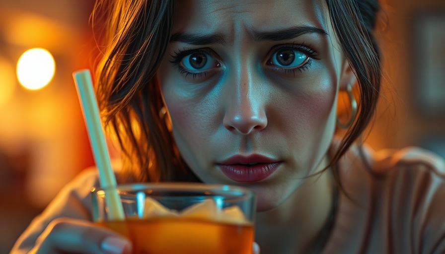 Close-up of a woman checking her drink, emphasizing caution.