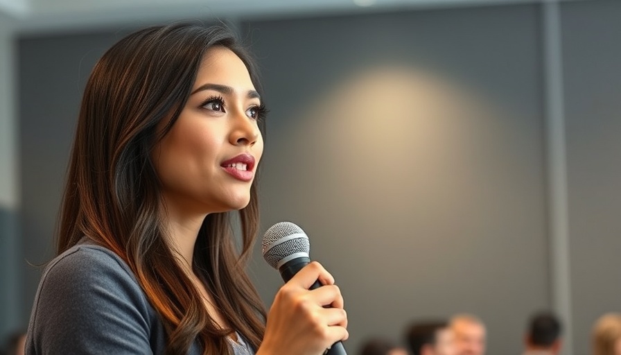 Confident young woman speaks at a conference about dental care.