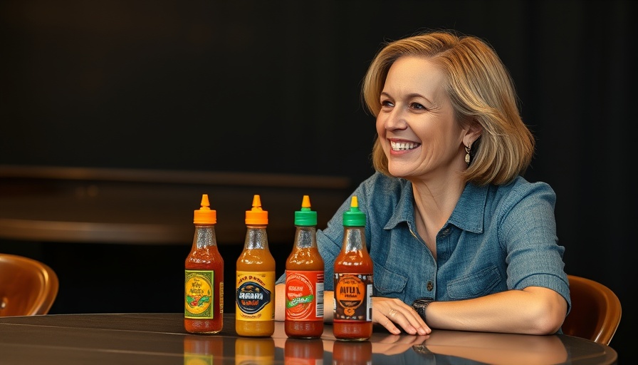 Woman enjoying conversation with hot sauce bottles on table, indoor.