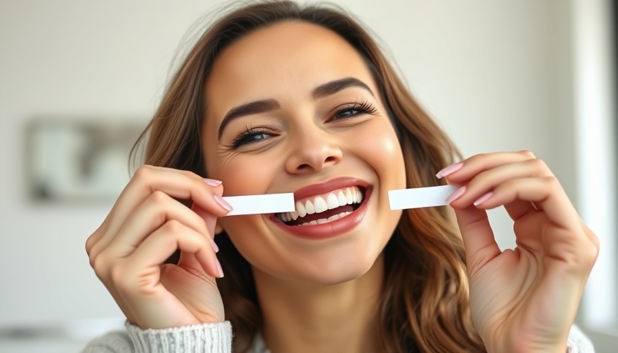 Woman demonstrating use of teeth whitening strips