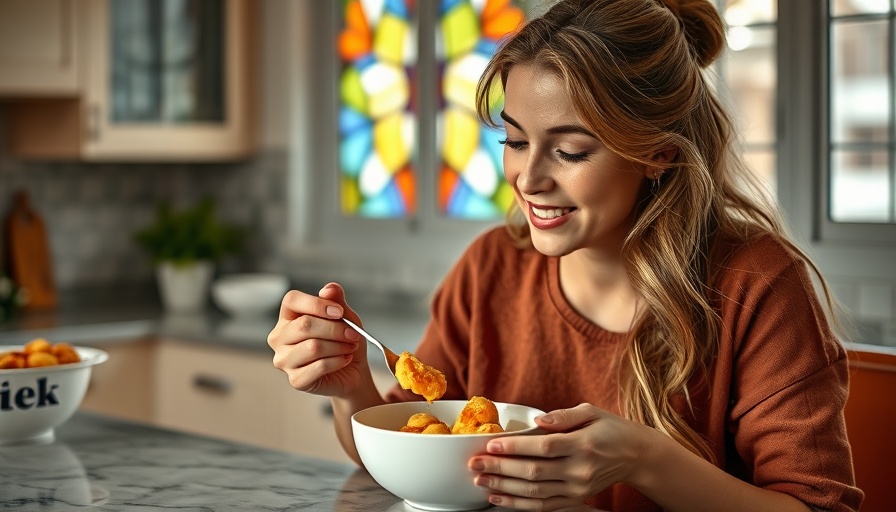Woman enjoying low carb snacks in a cozy kitchen setting.