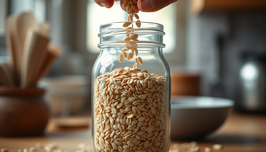 Pouring oats into a jar, cozy kitchen, natural light