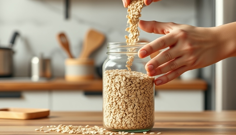 Hands pouring oats into jar in kitchen for gut health.