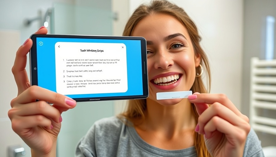 Woman using teeth whitening strips in a bathroom setting, step-by-step guide.