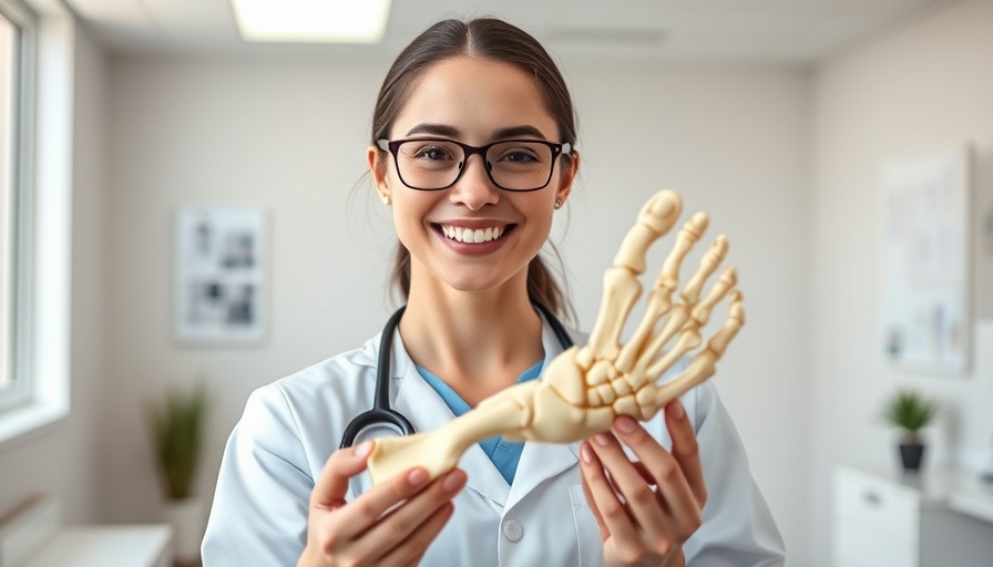 Smiling doctor holding foot model discussing Cinderella surgery.