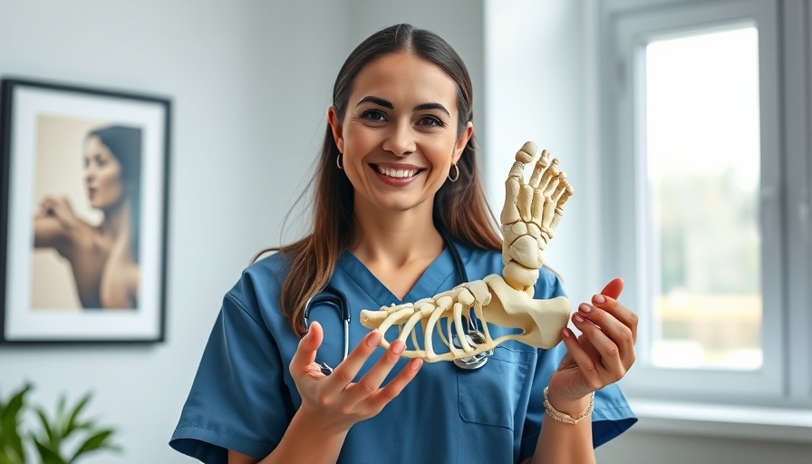 Woman in scrubs holding a foot model, discussing Cinderella surgery.