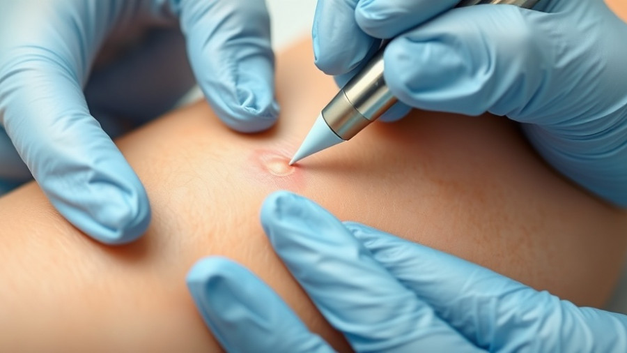Gloved hands diagnosing skin rash with tool.