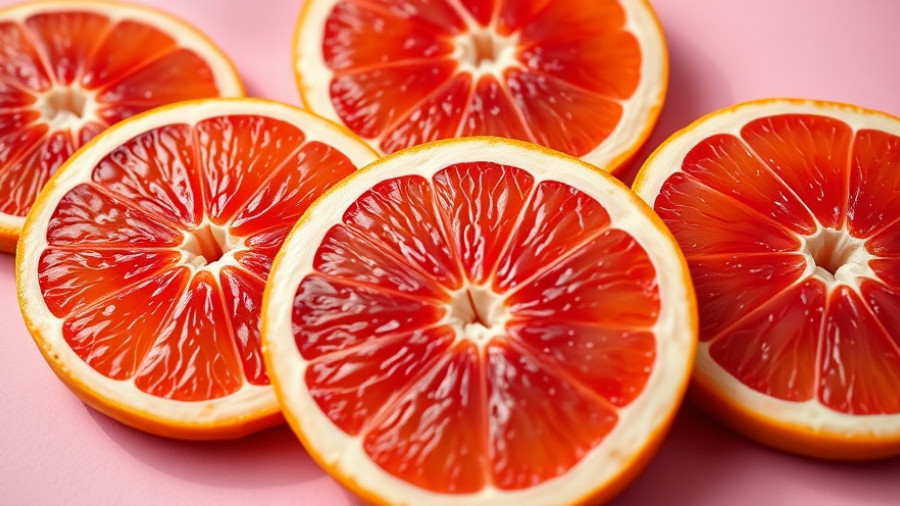 Juicy grapefruit slices on a pink surface showing vibrant colors.