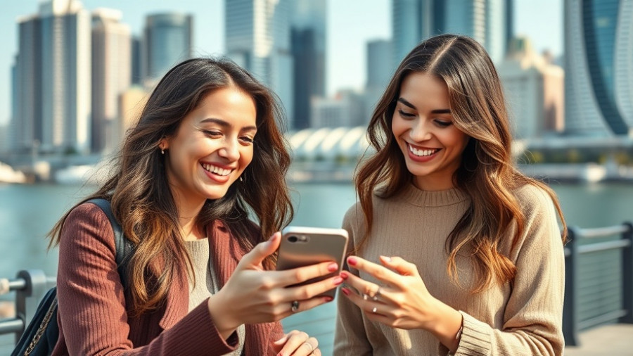 Women engaging with dental care theme by guessing celebrity smiles in city setting.