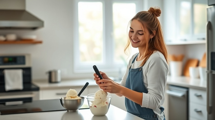 Woman preparing healthy homemade ice cream in a bright modern kitchen.