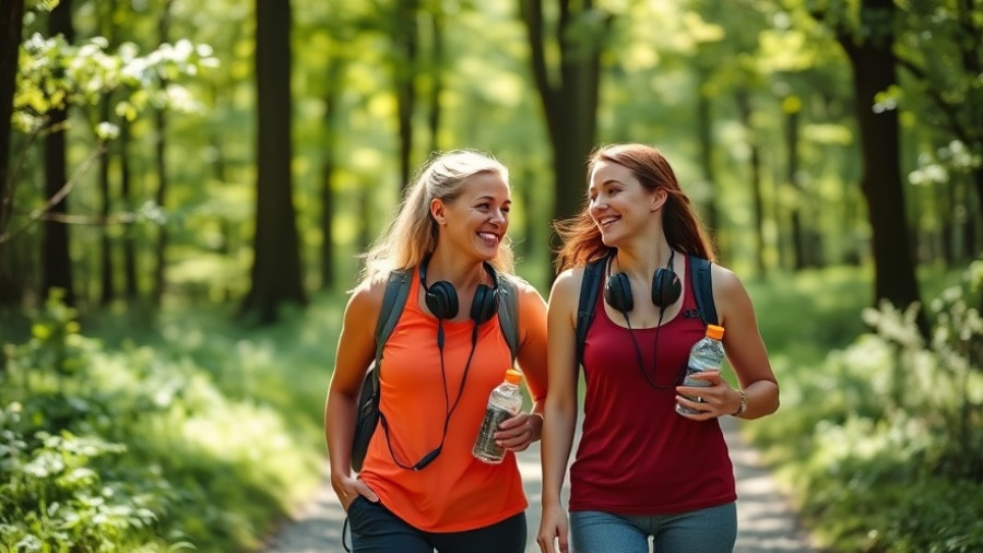 Two women walking, smiling in forest; 15-minute daily walk lowers heart disease risk.