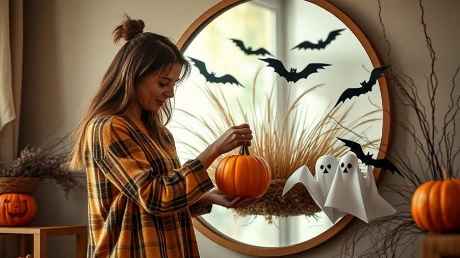 Woman arranging Halloween baskets for kids in a cozy home, healthy Halloween ideas.