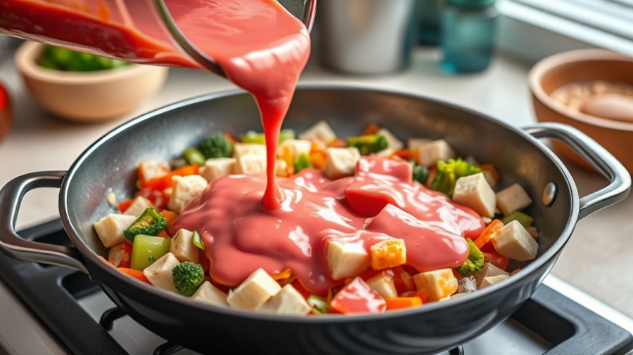 Skillet with vibrant high-protein meal ingredients being cooked.