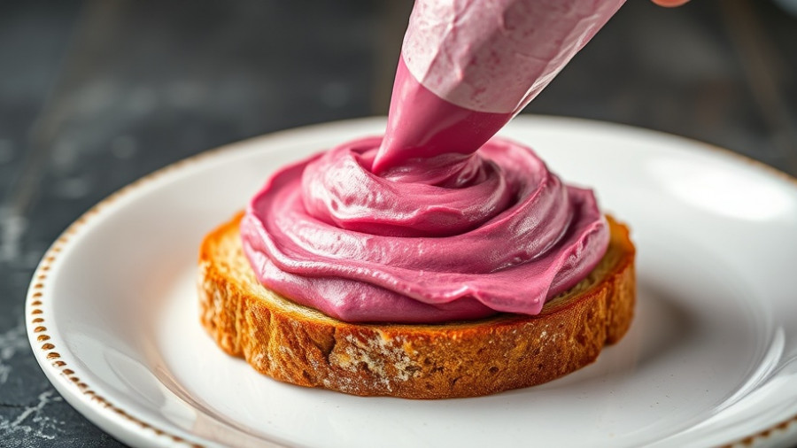 High-Protein Beet Cream Cheese piped on bread with artistic flair.