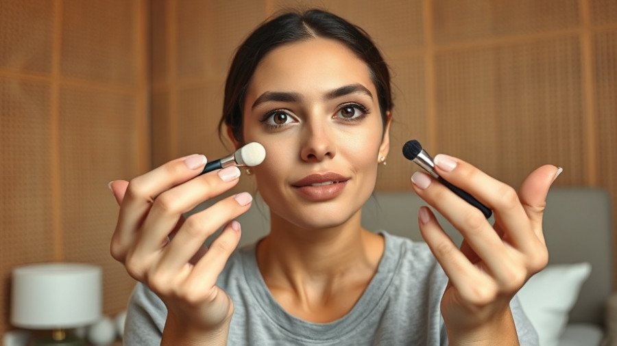 Woman showcasing natural anti-aging routine with skincare tools.