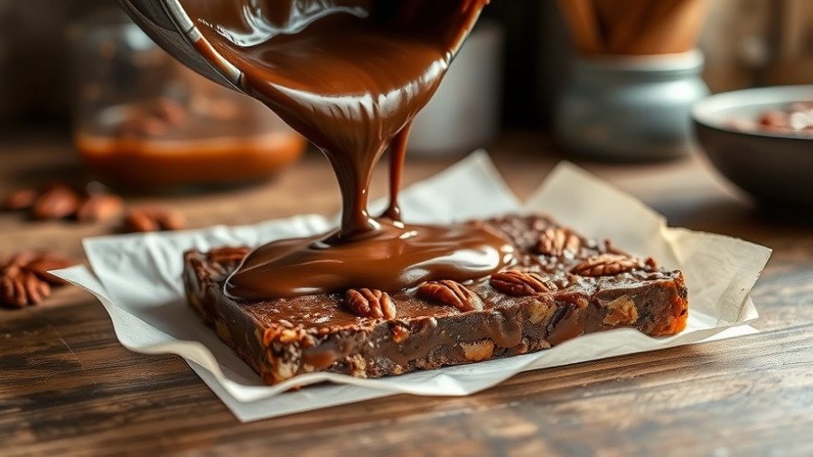 Pouring chocolate over pecan caramel bars on rustic counter.