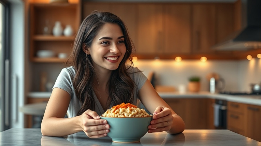 Young woman eating healthy fried rice in a modern kitchen.