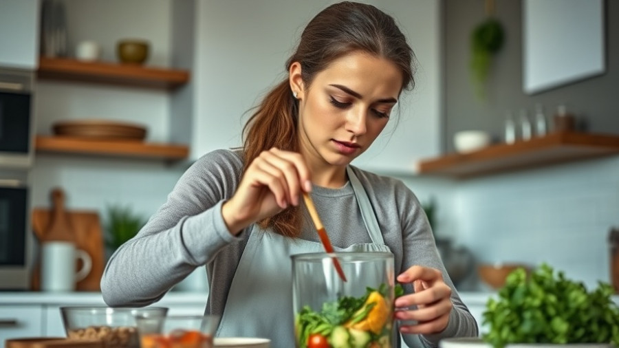 Young woman engaged in a healthy cooking challenge in a modern kitchen.