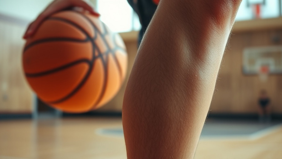 Close-up view of a knee with a basketball, highlighting common knee pain potential in a sports setting.