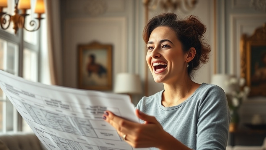 Excited woman viewing home plan in a bright room, not related to low carb meals.