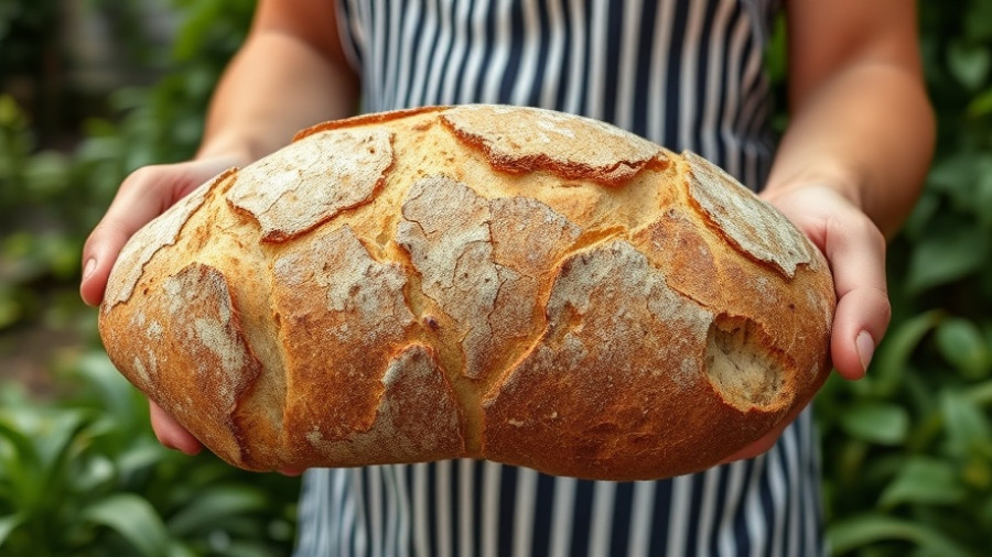 Rustic sourdough loaf held by person, healthy eating concept.