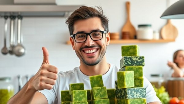 Man in kitchen with green food cubes, thumbs up, Spinach Chickpea Curry Recipe.