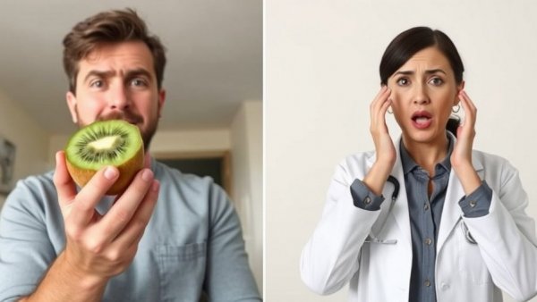 Doctor reacts to kiwi eating method, dual screenshot indoors.