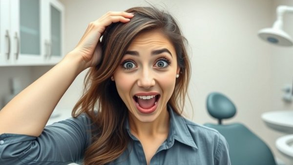 Surprised woman highlighting dental care caution.