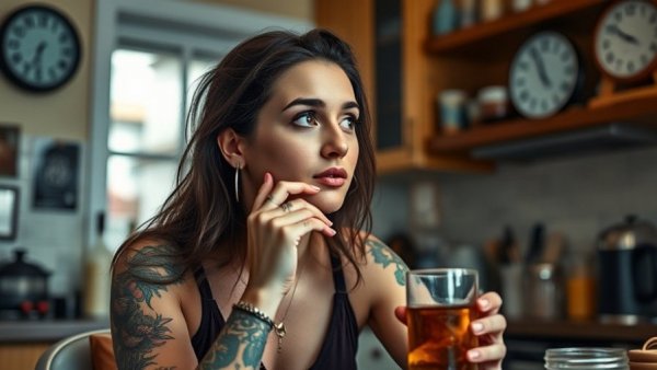 Woman in kitchen reflecting on intermittent fasting and cognitive function.