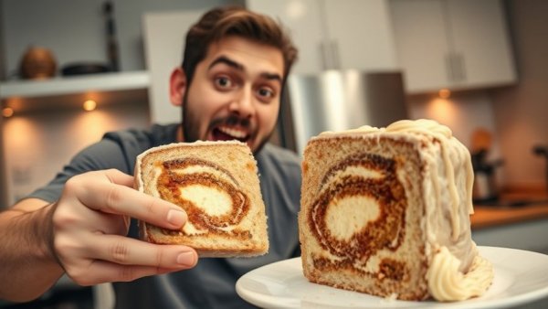 Excited man with vegan cinnamon swirl cake slice being served.