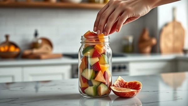 Hands adding fruit to jar for natural probiotic soda starter.