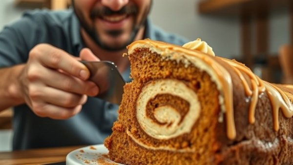 Pumpkin spice cinnamon swirl cake being sliced by man in a kitchen.