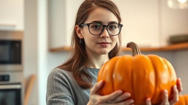 Young woman in kitchen with pumpkin pot, promoting healthy eating.
