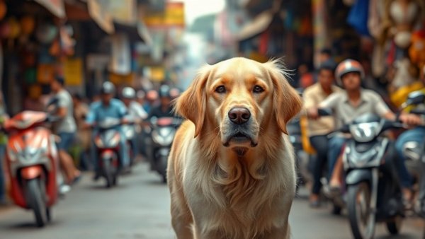 Dog bite risks illustrated by a Golden Retriever in a lively street market.