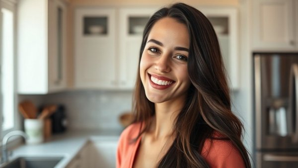 Confident woman smiling in modern kitchen with white cabinets.