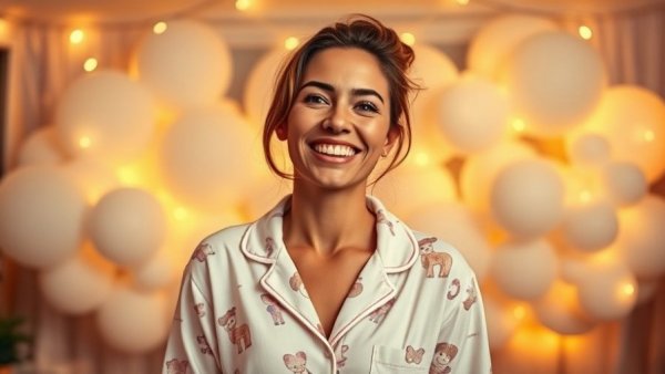 Woman in pajamas smiling at a party setting, dental care theme.