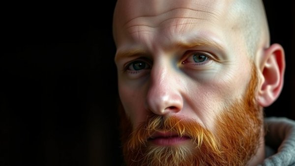 Close-up of a bald man with a red beard, neutral expression.