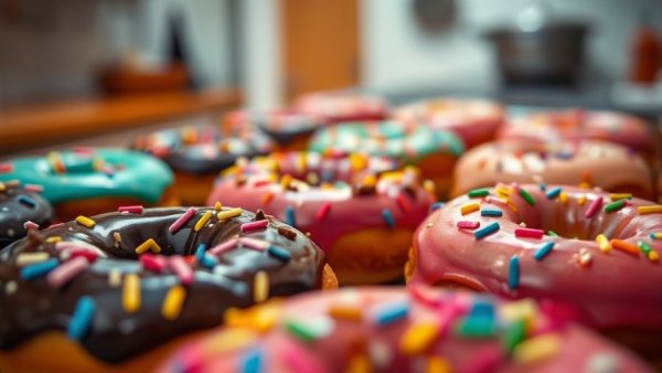Healthy snacks concept with colorful glazed donuts on baking tray.