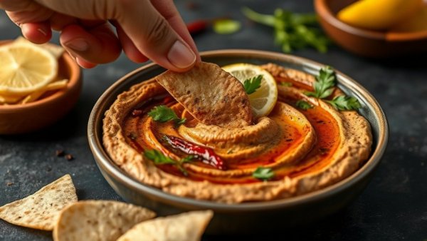 Dipping chip into Smoky Choc Chilli Hummus topped with chili and herbs.