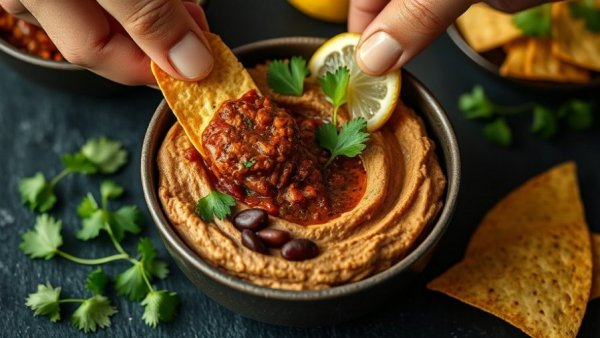 Smoky Choc Chilli Hummus Bowl with hand dipping a chip.