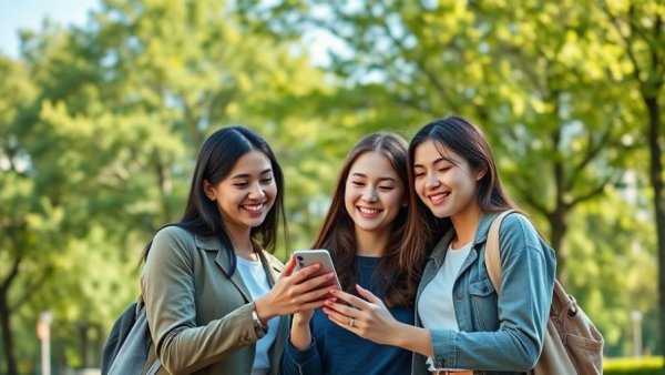 Group of young women smiling outdoors, urban park background, dental care focus.