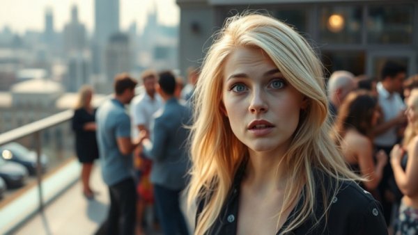 Blonde woman at rooftop event with surprised look.