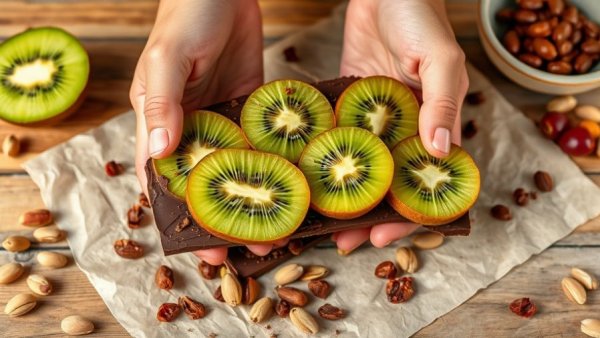 Fresh kiwi slices on chocolate bark, showcasing health benefits.
