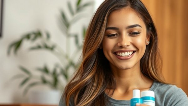 Young woman discussing dental care products in soft lighting.