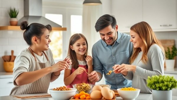 Family making homemade snacks in a bright kitchen, experiencing joy.