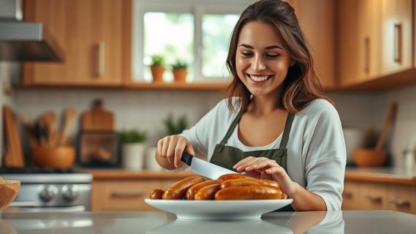 Young woman slicing sausages in a modern kitchen, healthy cooking concept.
