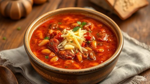 High-protein chili soup with cheese and herbs, close-up view.