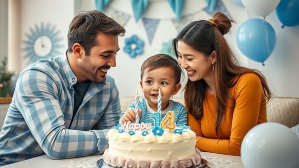 Family celebrating child's birthday with cake and decorations, joyfully captured.